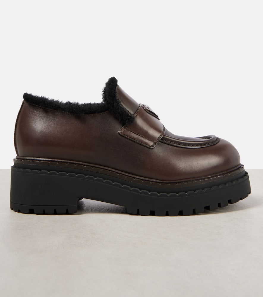 Shop Prada Shearling-lined Brushed Leather Loafers In Braun