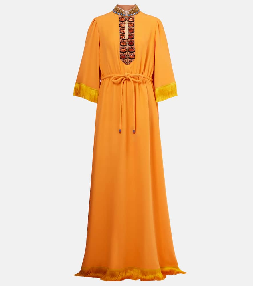 Valentino Cady Couture Embroidered Fringed Gown In Orange