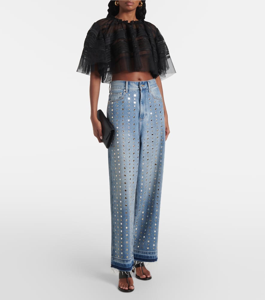 Xu Zhi Lace-trimmed Caped Mesh Crop Top In Black