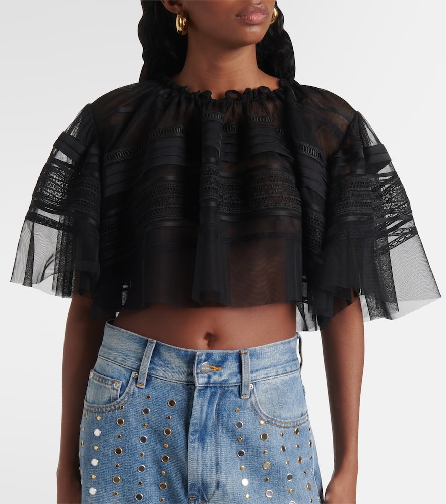 Xu Zhi Lace-trimmed Caped Mesh Crop Top In Black
