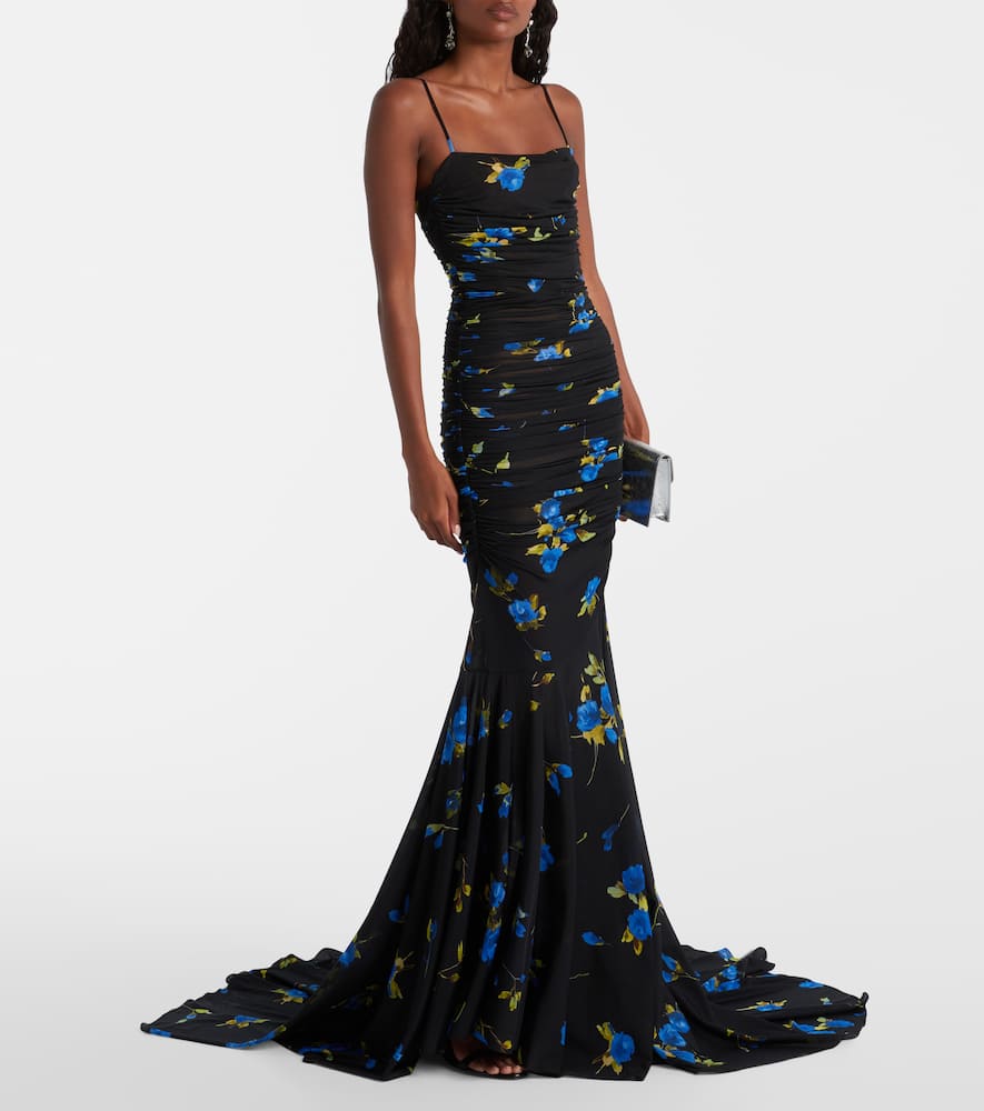 Blumarine Floral Draped Jersey Maxi Dress In Black