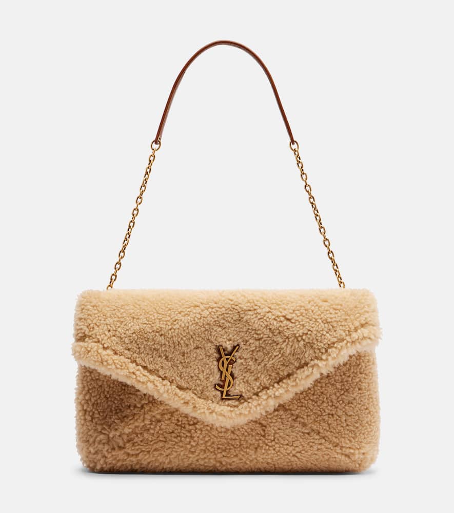 Saint Laurent Cassandre Envelope Shearling Shoulder Bag In Sand