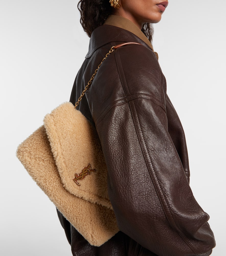 Saint Laurent Cassandre Envelope Shearling Shoulder Bag In Sand