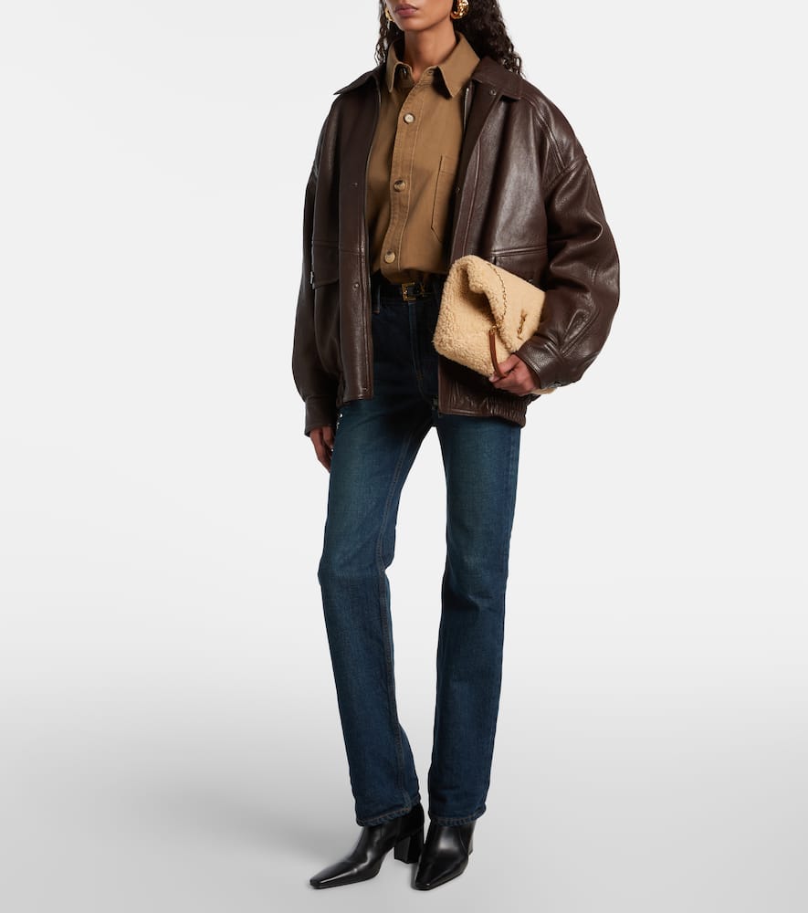 Saint Laurent Cassandre Envelope Shearling Shoulder Bag In Sand