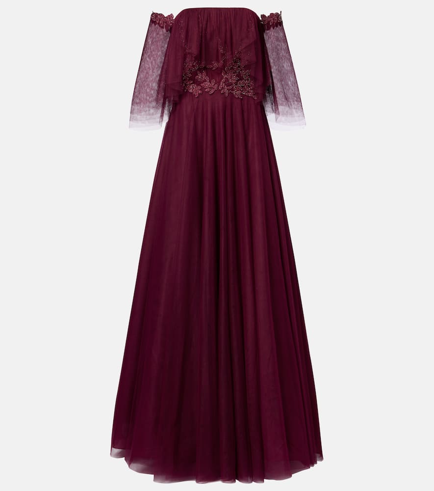 Costarellos Embellished Off-shoulder Tulle Gown In Burgundy