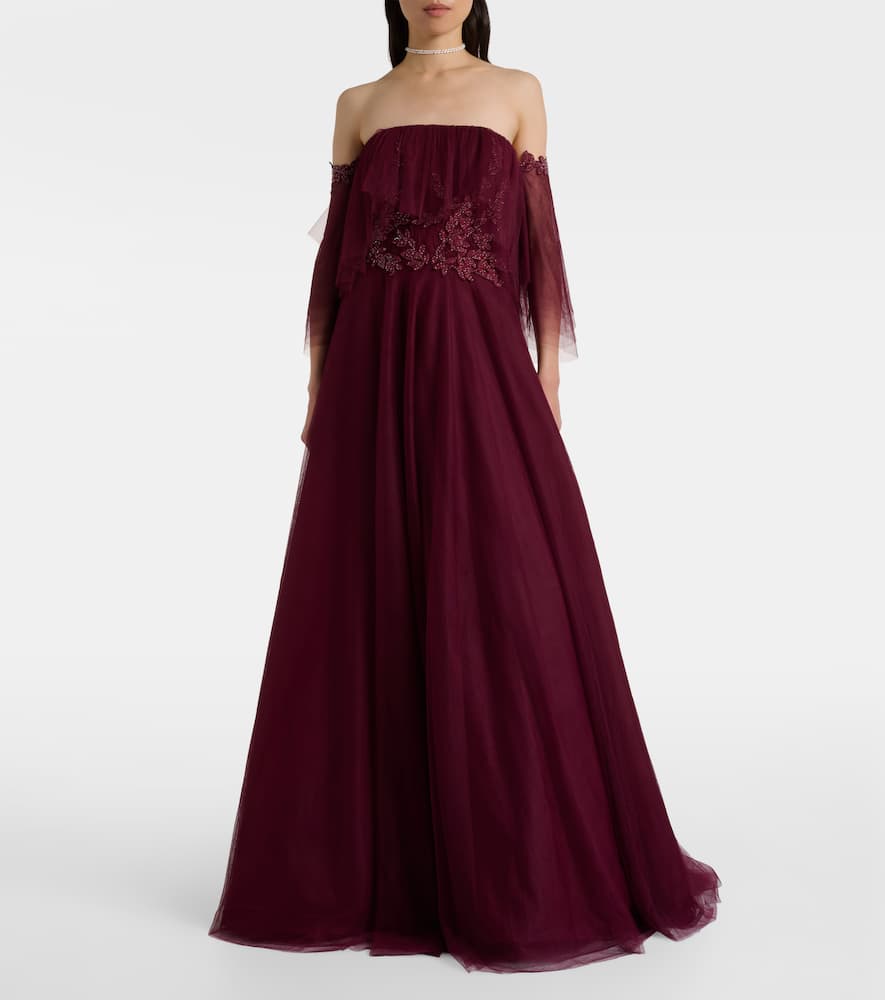 Costarellos Embellished Off-shoulder Tulle Gown In Burgundy