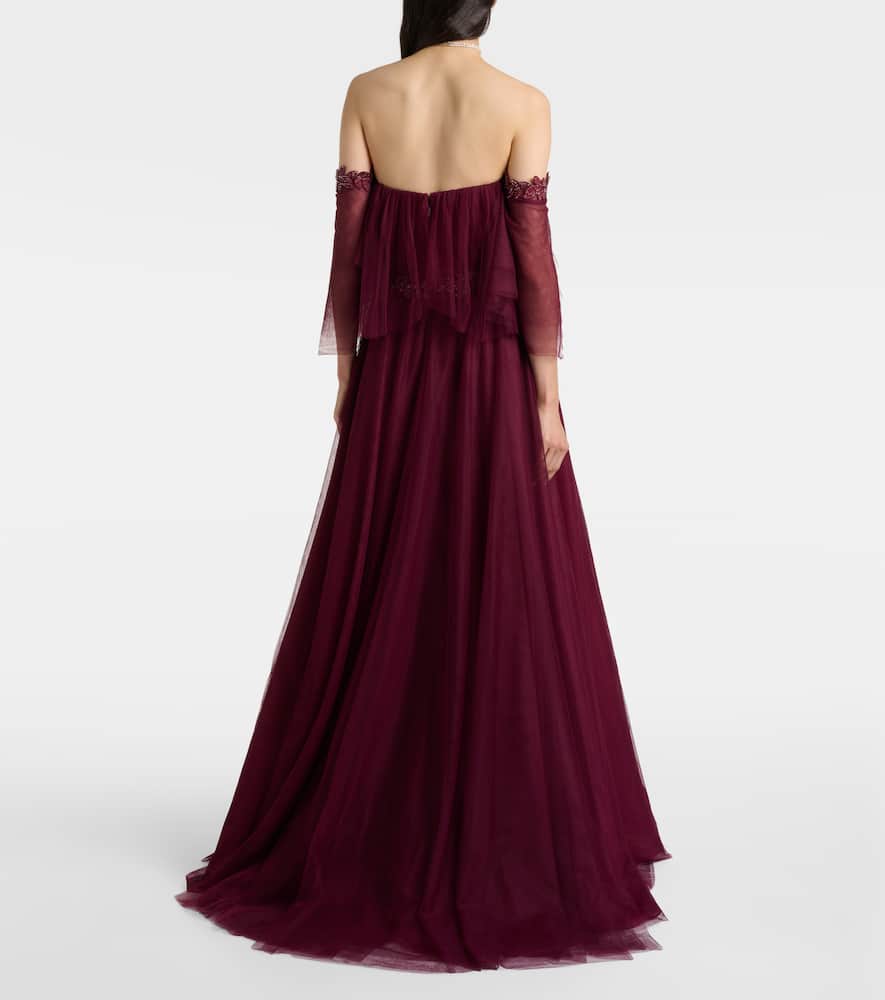 Costarellos Embellished Off-shoulder Tulle Gown In Burgundy