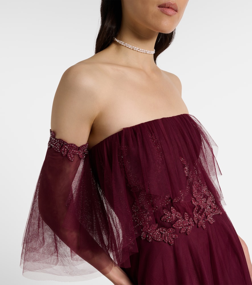 Costarellos Embellished Off-shoulder Tulle Gown In Burgundy
