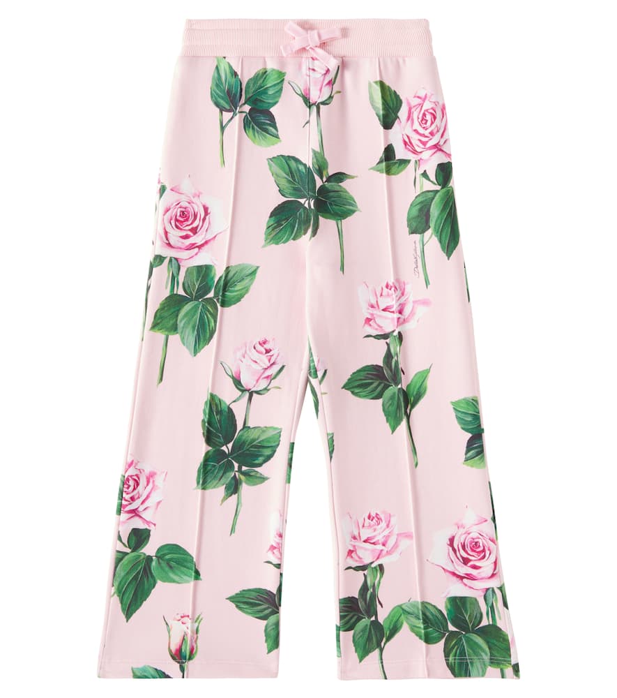 Dolce & Gabbana Girl's Rose-print Wide Leg Pants In Pink
