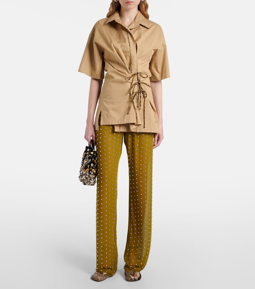 Dries Van Noten Studded Sheer Drawstring Pants In Olive