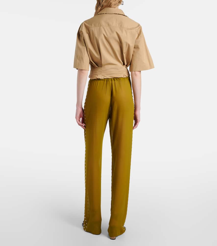 Dries Van Noten Studded Sheer Drawstring Pants In Olive