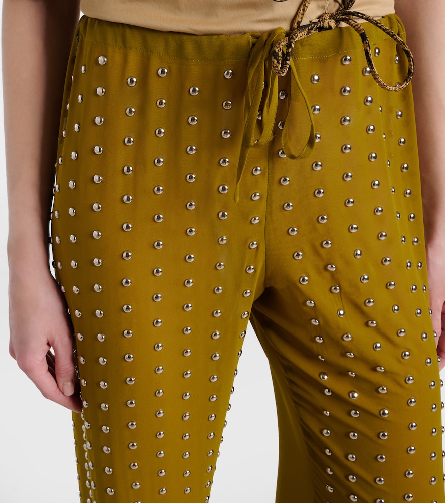 Dries Van Noten Studded Sheer Drawstring Pants In Olive
