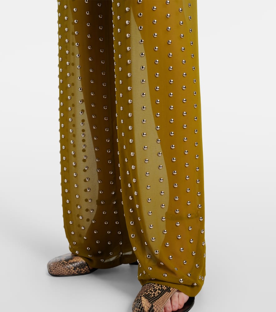 Dries Van Noten Studded Sheer Drawstring Pants In Olive