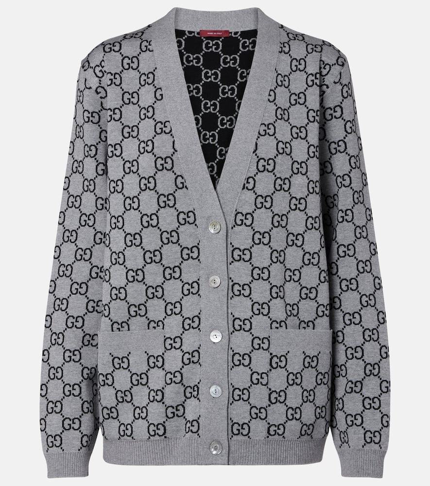 Gucci Wool Jacquard Cardigan With Gg Shadow In Gray