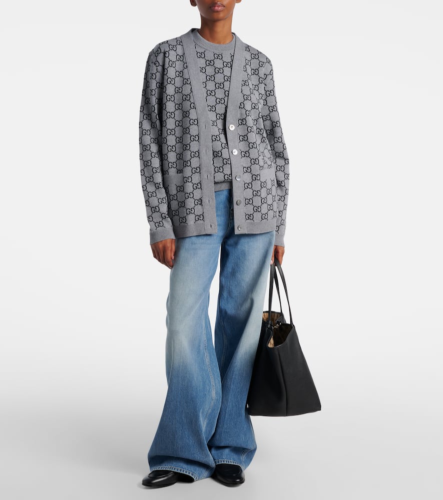 Gucci Wool Jacquard Cardigan With Gg Shadow In Gray
