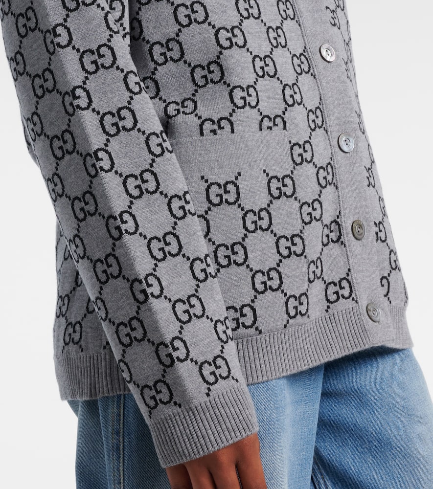 Gucci Wool Jacquard Cardigan With Gg Shadow In Gray