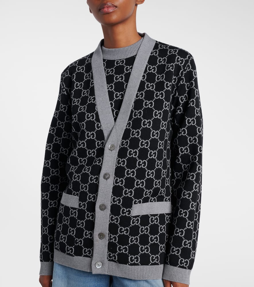 Gucci Wool Jacquard Cardigan With Gg Shadow In Gray