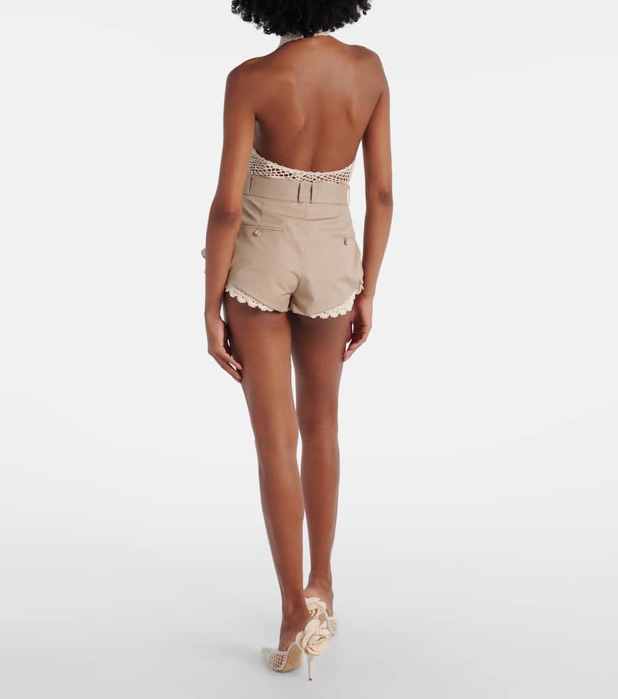 Magda Butrym Belted Crochet-trimmed Cotton Micro Shorts In Brown