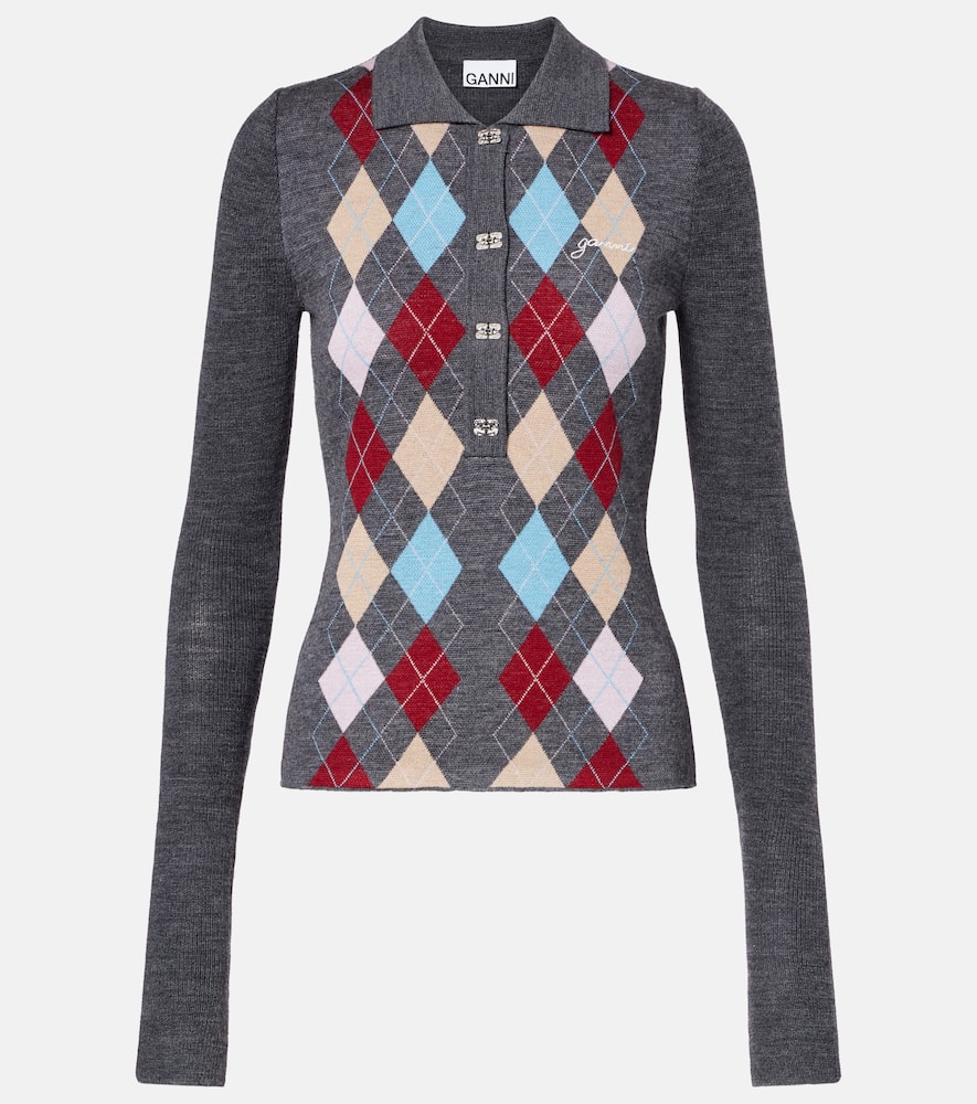 Ganni Argyle Wool Polo Sweater In Gray