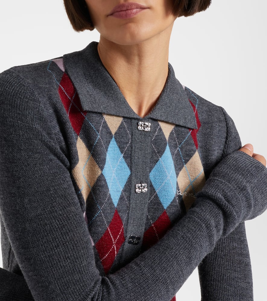 Ganni Argyle Wool Polo Sweater In Gray