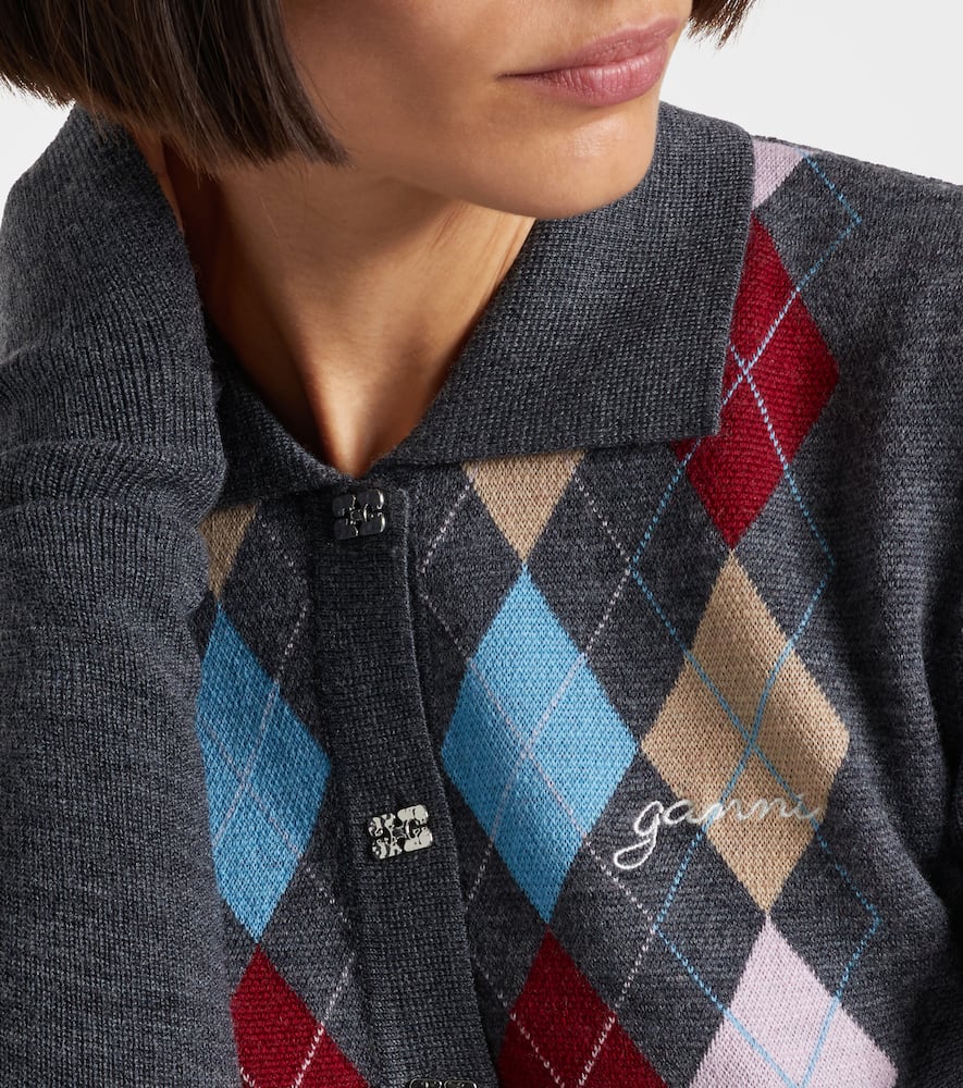 Ganni Argyle Wool Polo Sweater In Gray