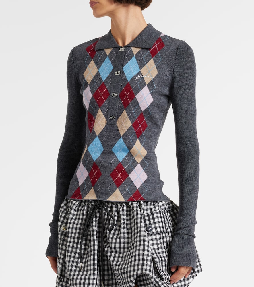 Ganni Argyle Wool Polo Sweater In Gray