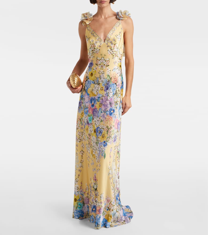 Camilla Embellished Floral Ruffled Silk Satin Maxi Dress In Yellow