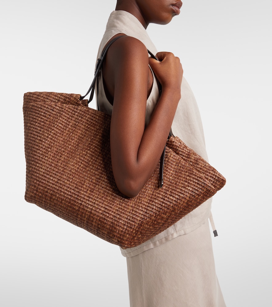 Brunello Cucinelli Large leather-trimmed raffia-effect tote bag