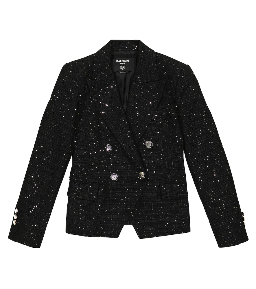Balmain Kids' Sequin Cotton-linen Blend Blazer In Black