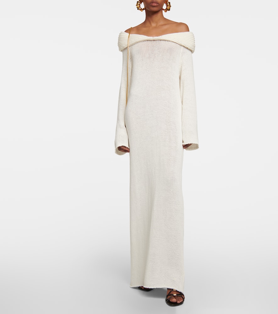 Shop Khaite Cyra Knitted Cotton-blend Maxi Dress In Ivory