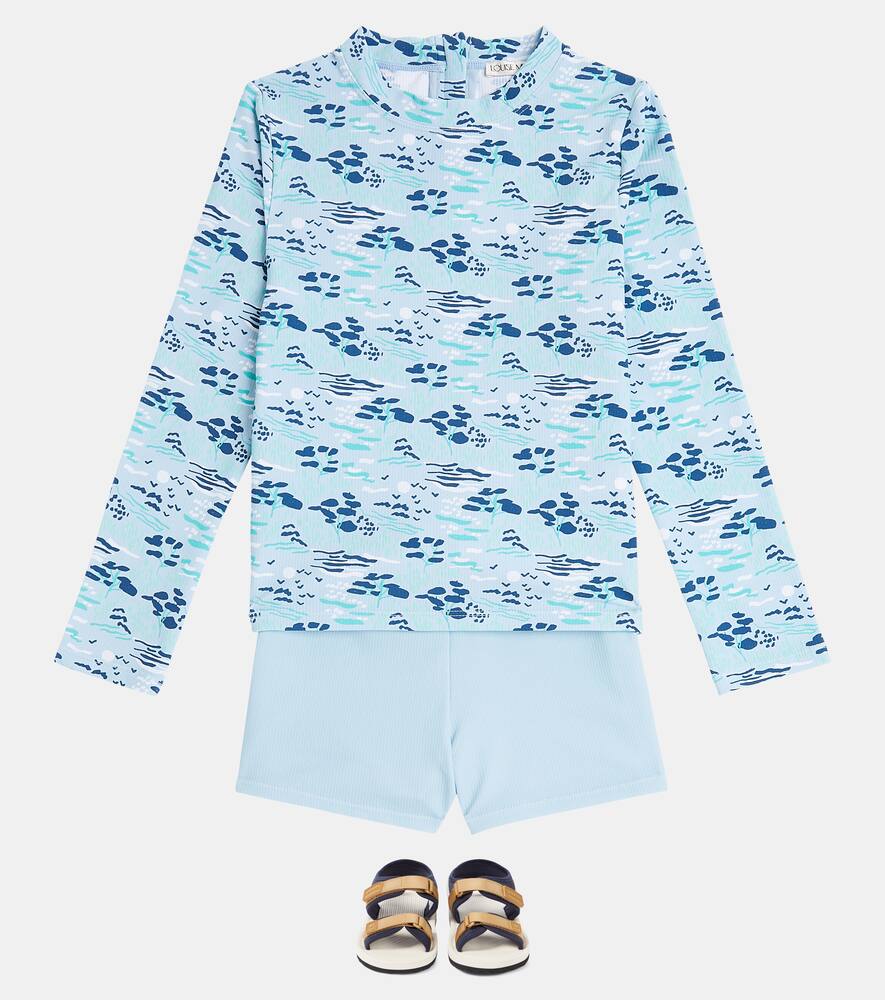 Louise Misha Agik Rashguard Top And Swim Trunks Set In Blue Pastoral Fields