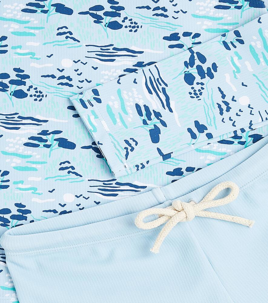 Louise Misha Agik Rashguard Top And Swim Trunks Set In Blue Pastoral Fields
