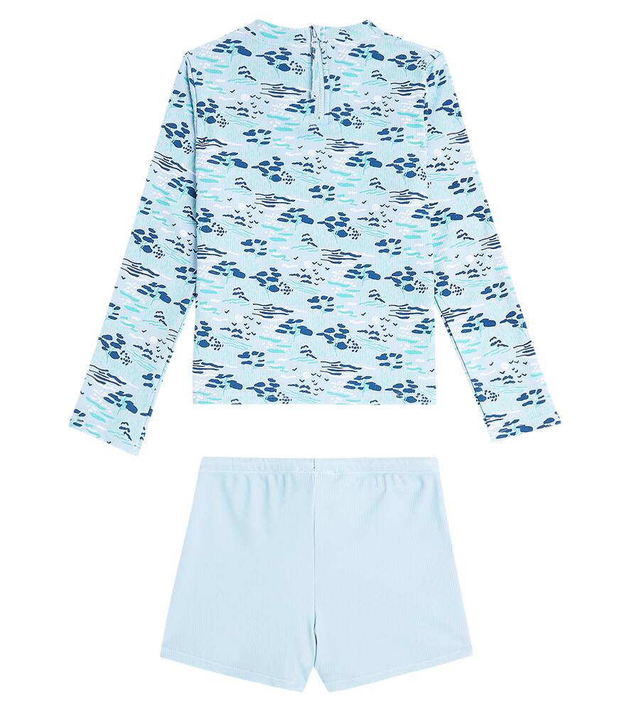 Louise Misha Agik Rashguard Top And Swim Trunks Set In Blue Pastoral Fields