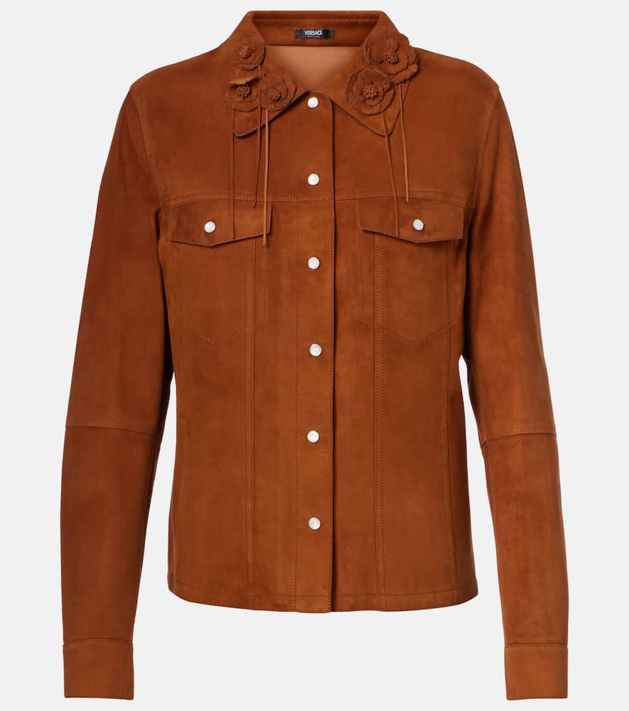 Versace Goatskin Suede Floral Applique Jacket In Brown