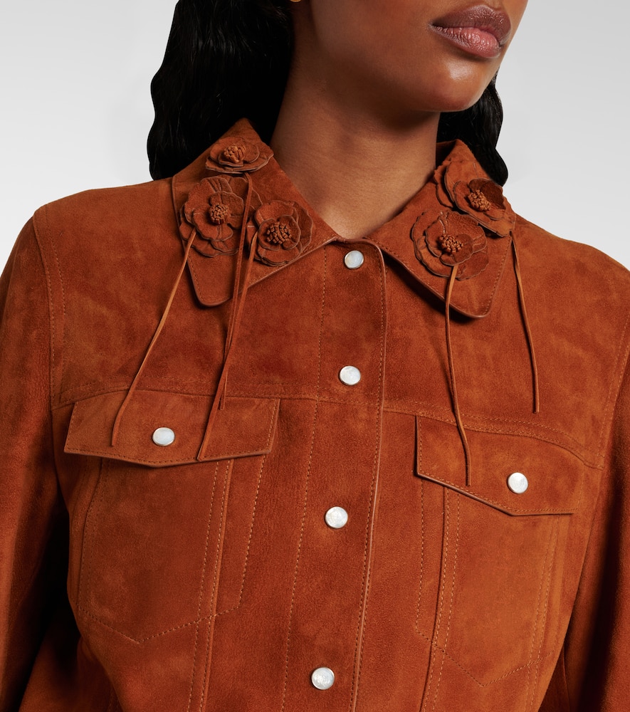 Versace Goatskin Suede Floral Applique Jacket In Brown