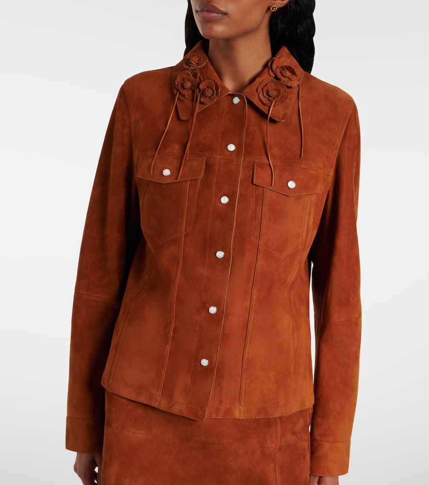 Versace Goatskin Suede Floral Applique Jacket In Brown