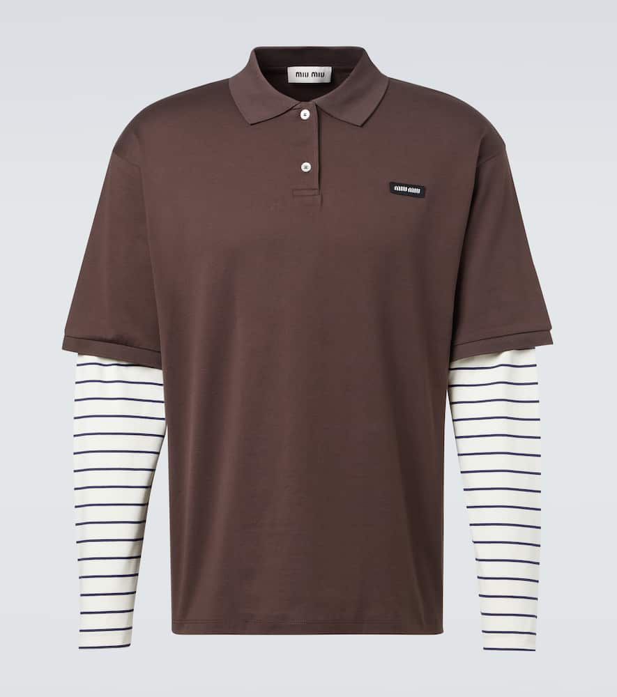 Miu Miu Layered Striped Cotton Polo Shirt In Brown
