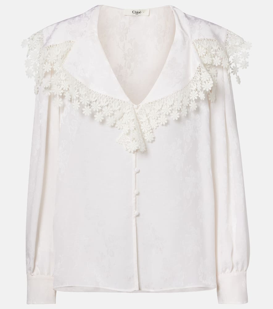 Chloé Lace-trimmed Floral Jacquard Silk Blouse In White