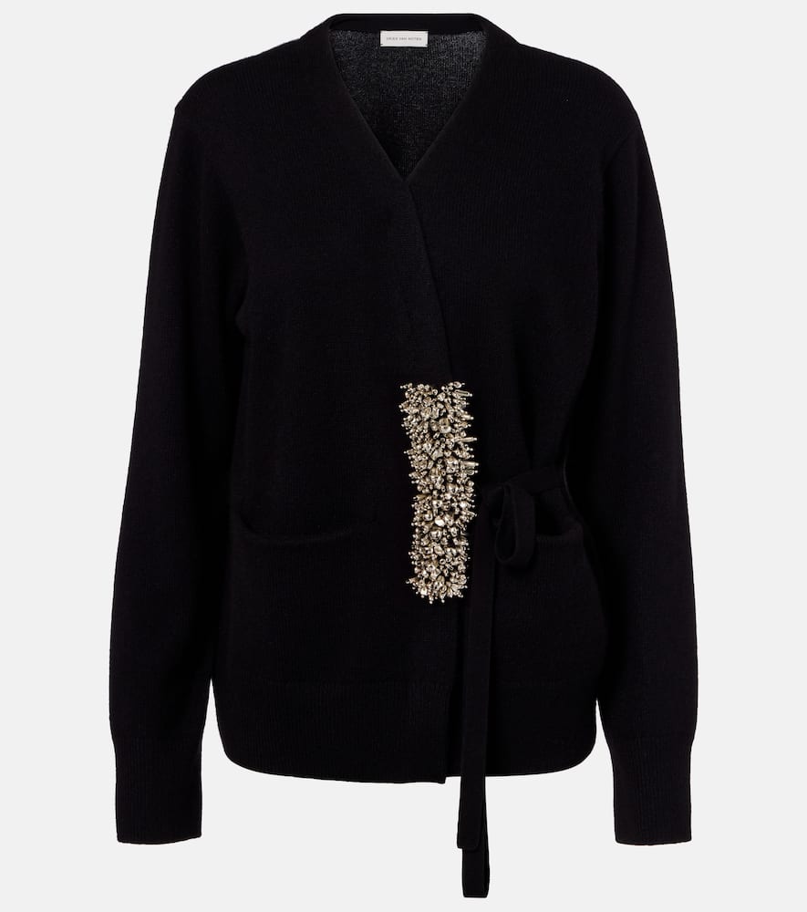 Dries Van Noten Embellished Cashmere Wrap Cardigan In Black