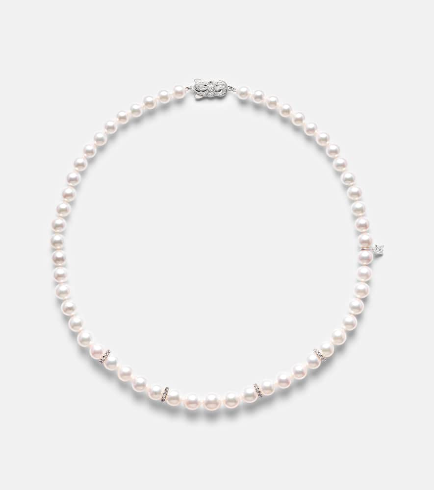 Mikimoto 18kt White Gold Necklace With Pearls And Diamonds In Silver