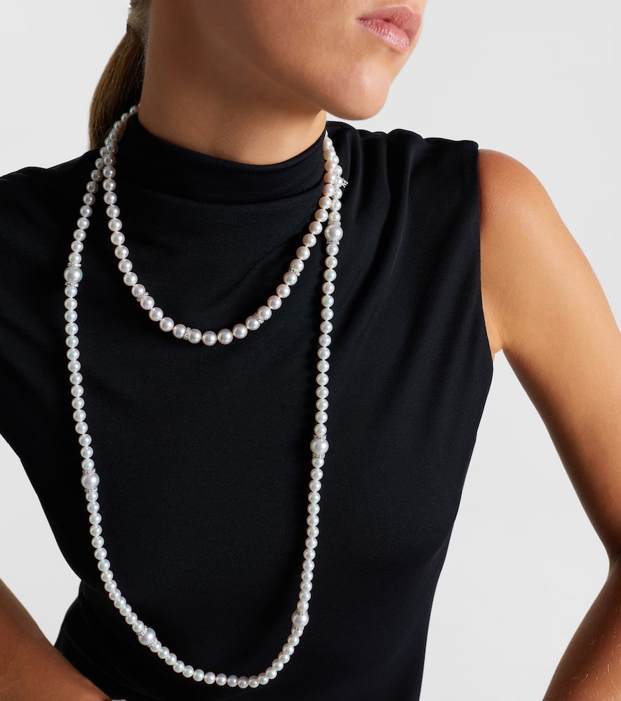 Mikimoto 18kt White Gold Necklace With Pearls And Diamonds In Silver