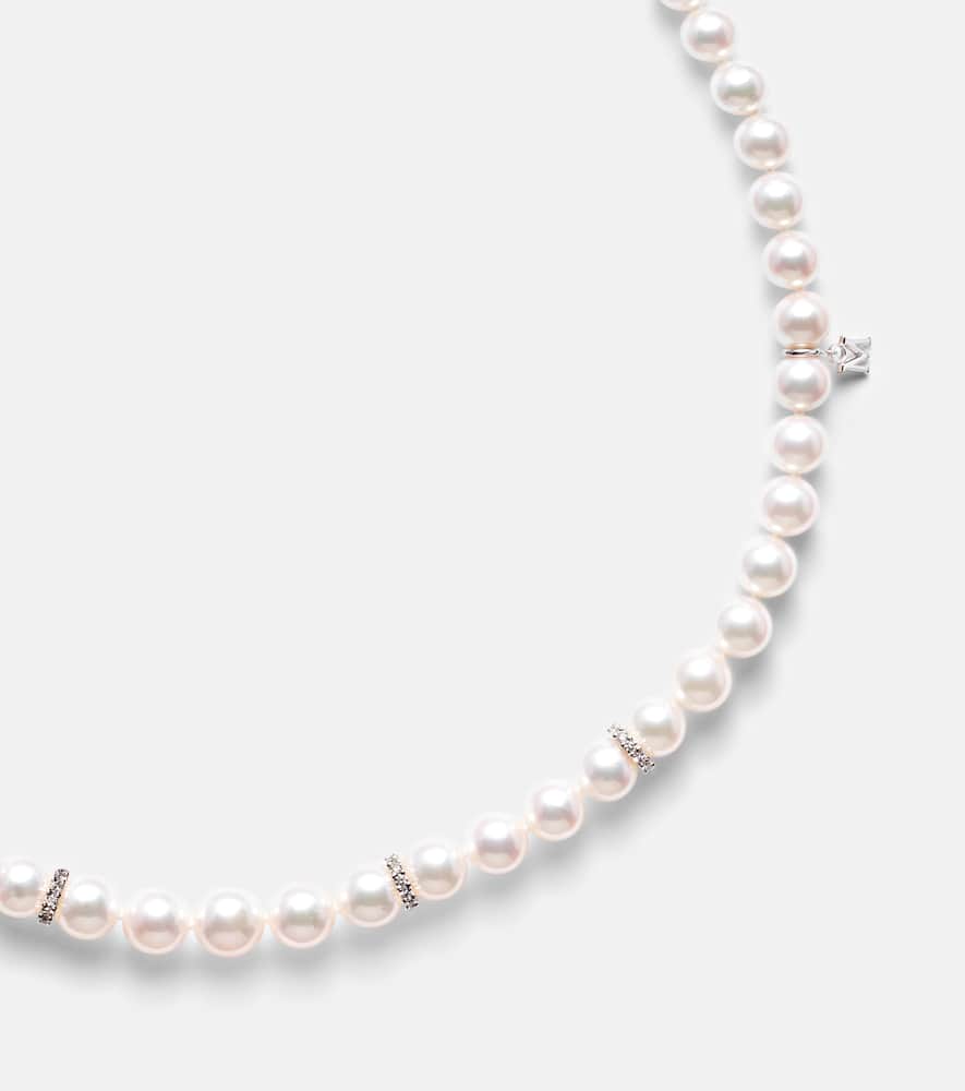 Mikimoto 18kt White Gold Necklace With Pearls And Diamonds In Silver