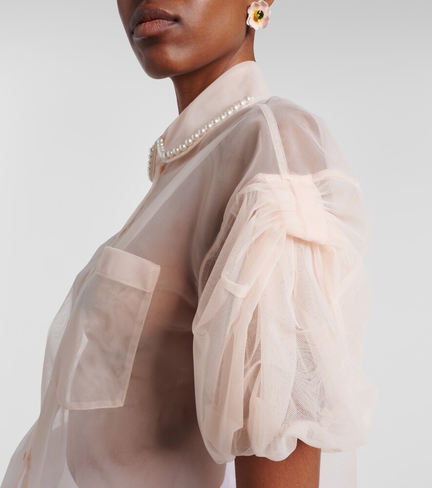 Cropped Puff-Sleeve Tulle Blouse