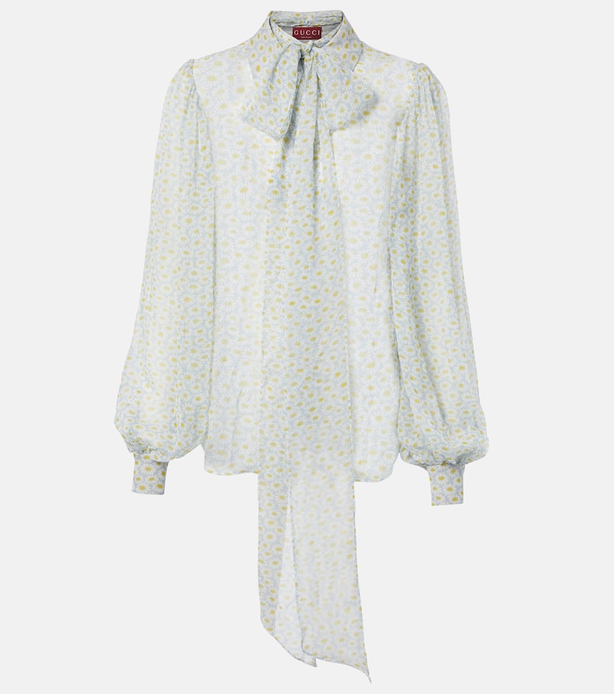 Floral sheer tie-neck silk chiffon blouse