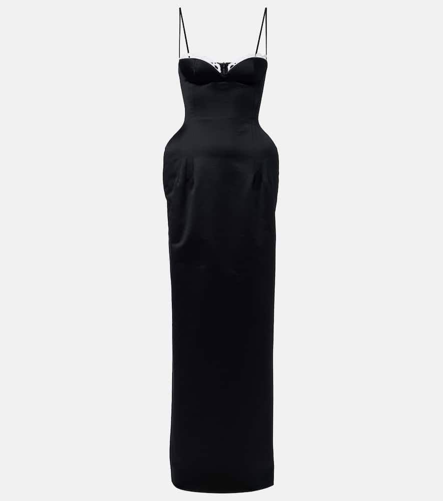 Crochet-trimmed satin bustier gown