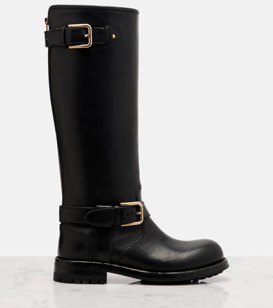 Dolce & Gabbana Calf Leather Biker Boots With Button Detail In Black
