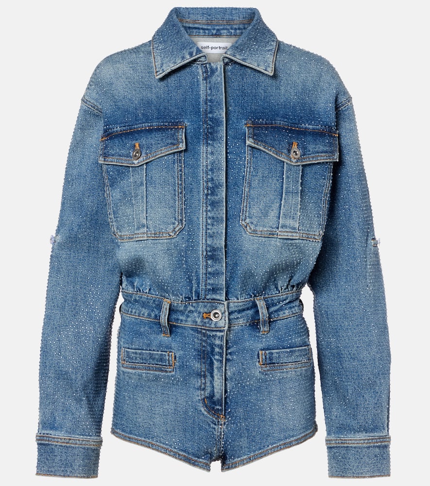 Self-portrait Embellished Denim Romper In Blue