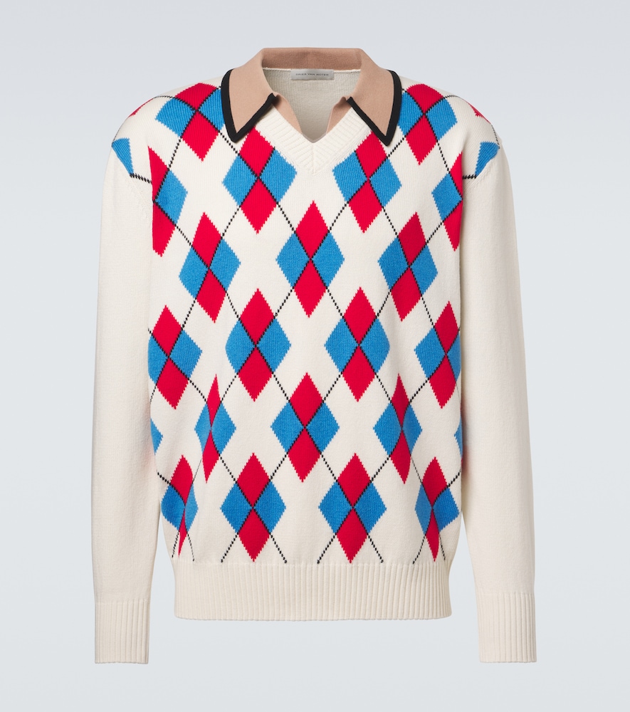 Dries Van Noten Men's Multicoloured Argyle Cotton-Blend Polo Sweater UK Size 38 - Mytheresa