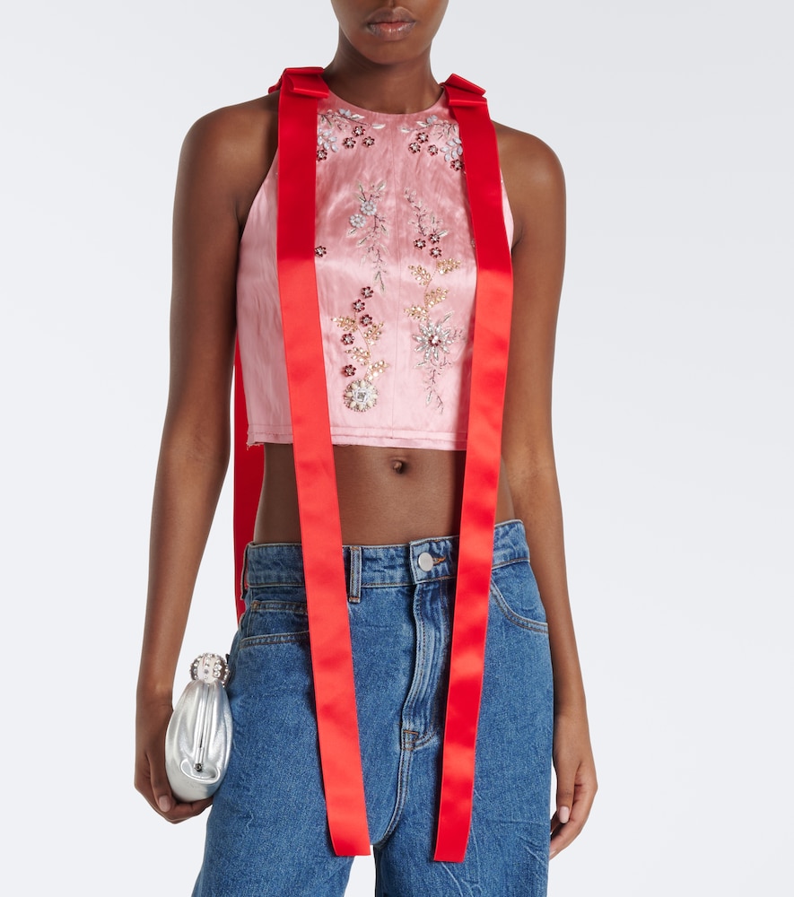 Bow-Detail Embellished Satin Crop Top
