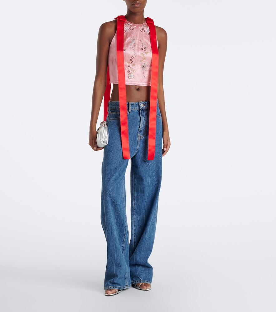 Bow-Detail Embellished Satin Crop Top